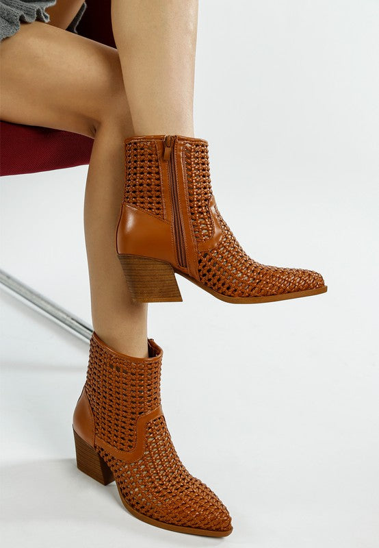 Tan woven pleather ankle boots with block heel and side zipper