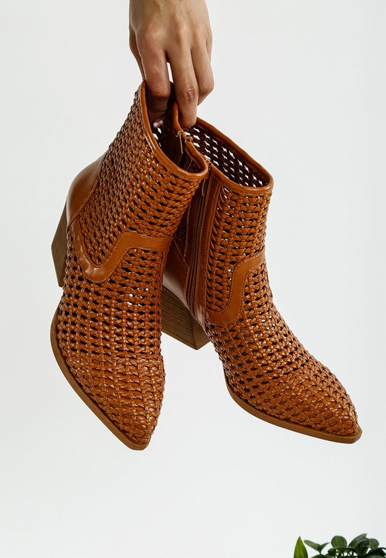 Rag Company tan woven pleather boots with side zipper and pull tab
