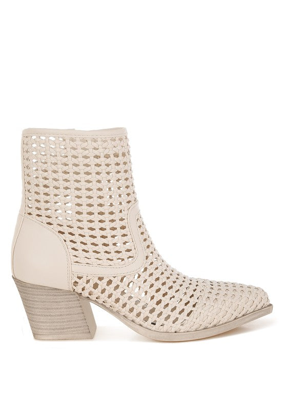 Off-white woven pleather ankle boot with block heel and woven shaft