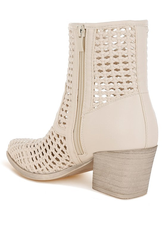 Off-white woven pleather ankle boots with side zipper and block heel