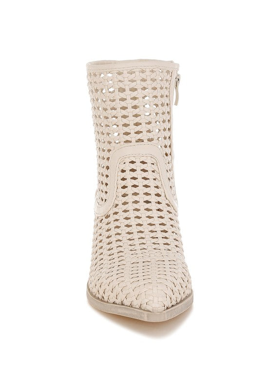 Off-white woven pleather mid-calf boots with block heel