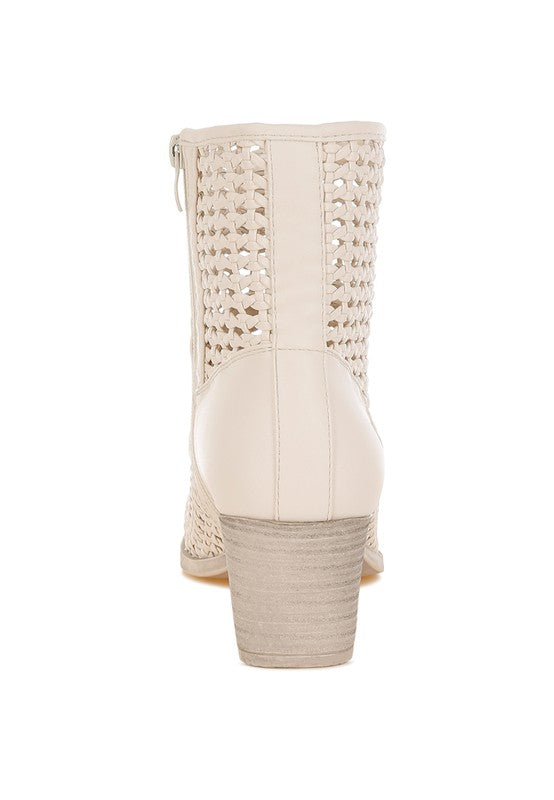 Off-white woven pleather block-heel boot with cutout side panels and top lacing