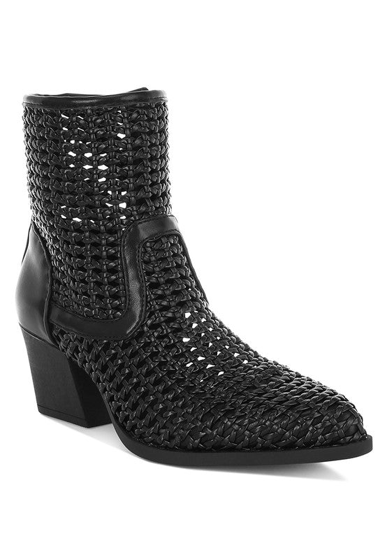 Black woven pleather block-heel ankle boots with side zipper and sculpted toe