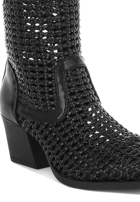 Black woven pleather boot with front crosshatch pattern, side zip panel, block heel