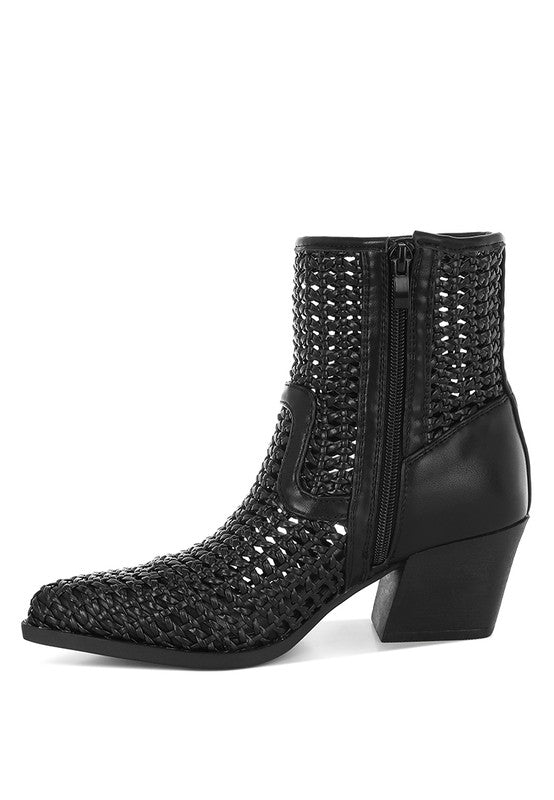Black woven pleather block-heel boots with side zipper, textured knit-look shaft