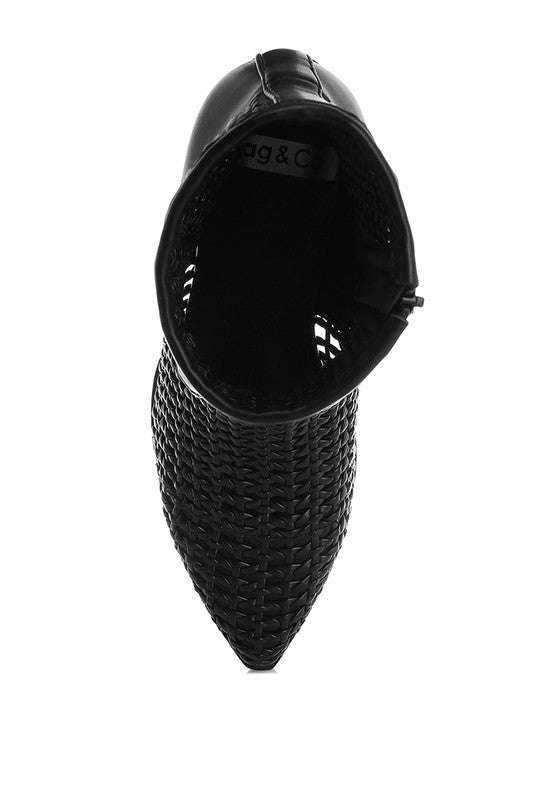Black woven pleather boot showing rounded toe and inner cutout opening, block heel