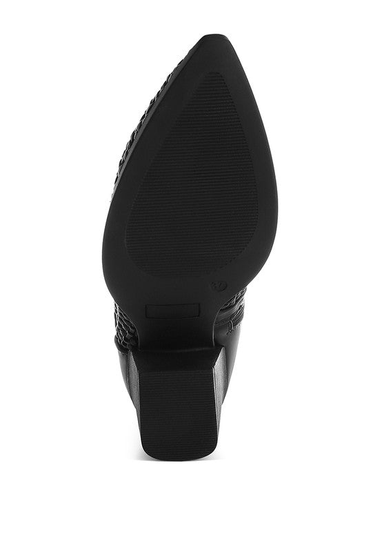 Black woven pleather boot heel profile with rubber outsole and textured shaft