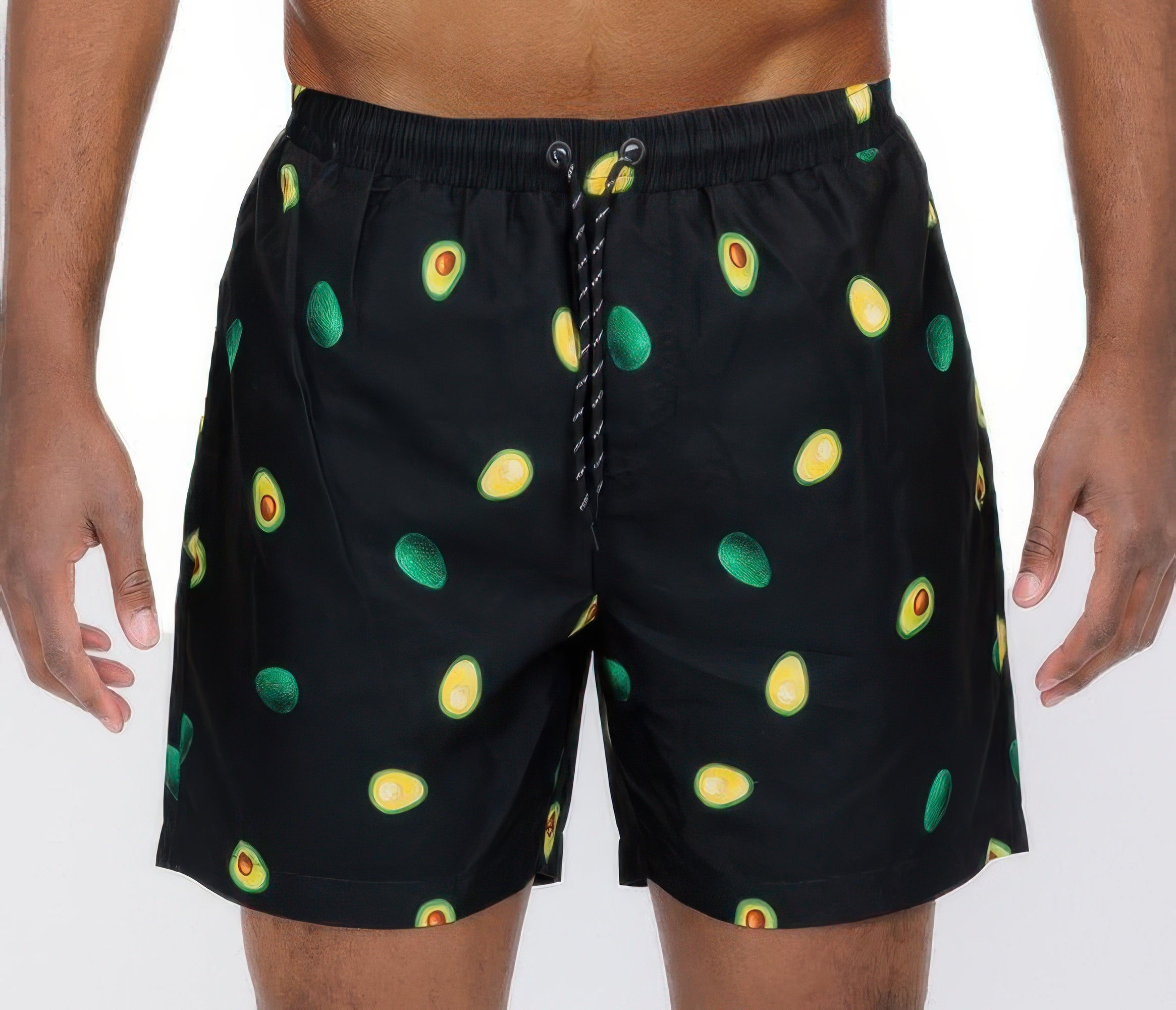 Avocado swim shorts black with avocado print and braided drawstring waist