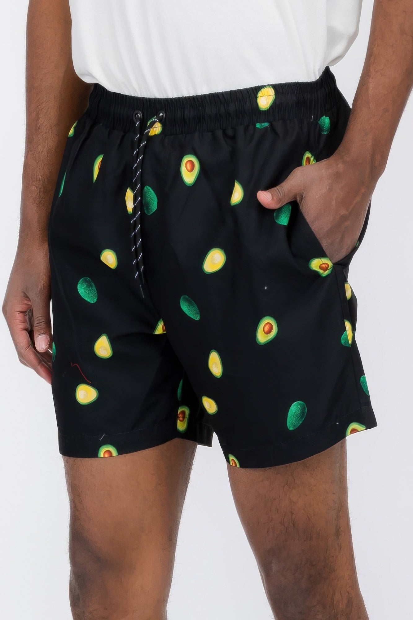 Avocado swim shorts black with avocado pattern, side pocket and elastic waistband
