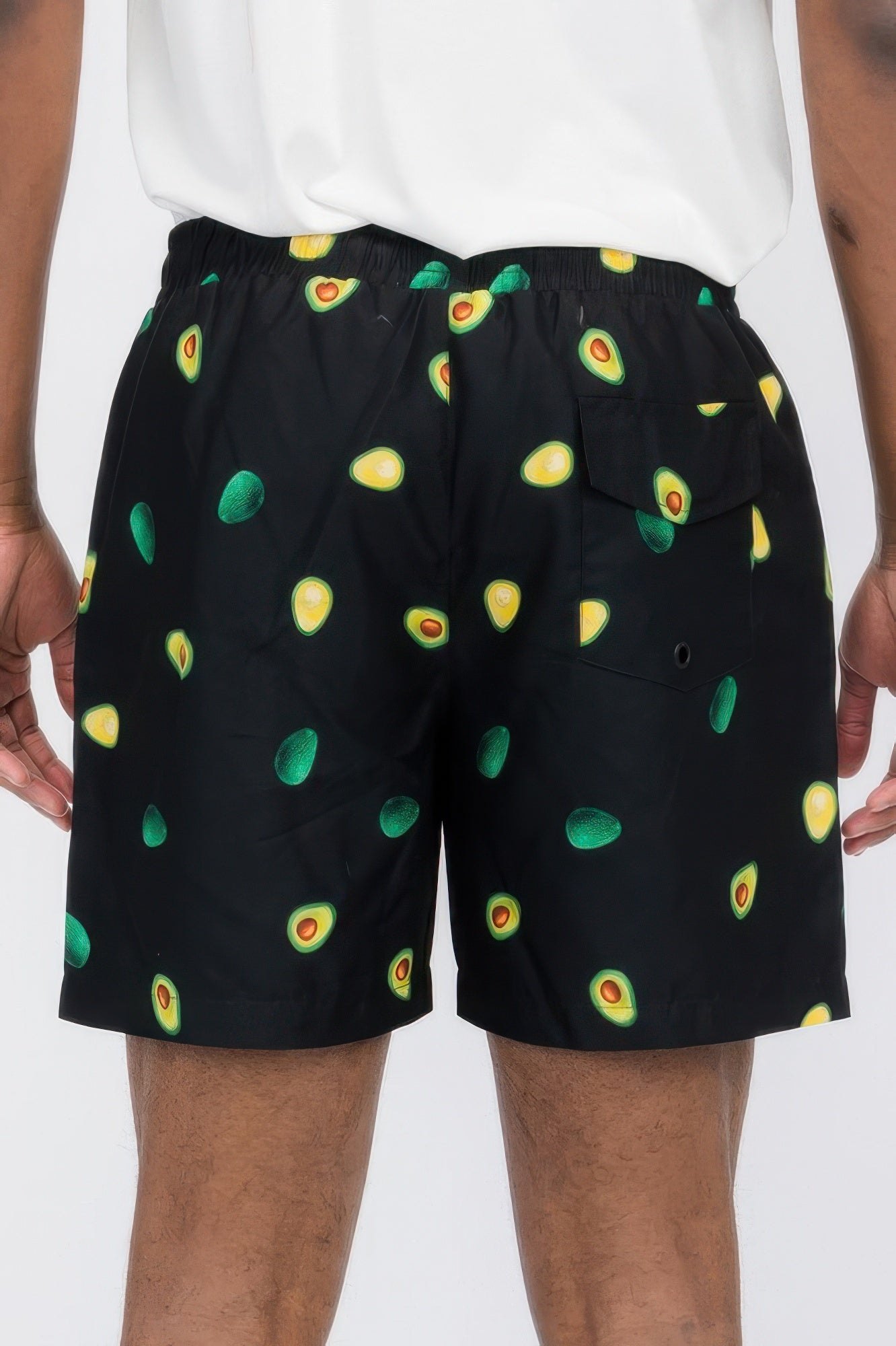Avocado swim shorts black with scattered avocado print, elastic waistband and pockets