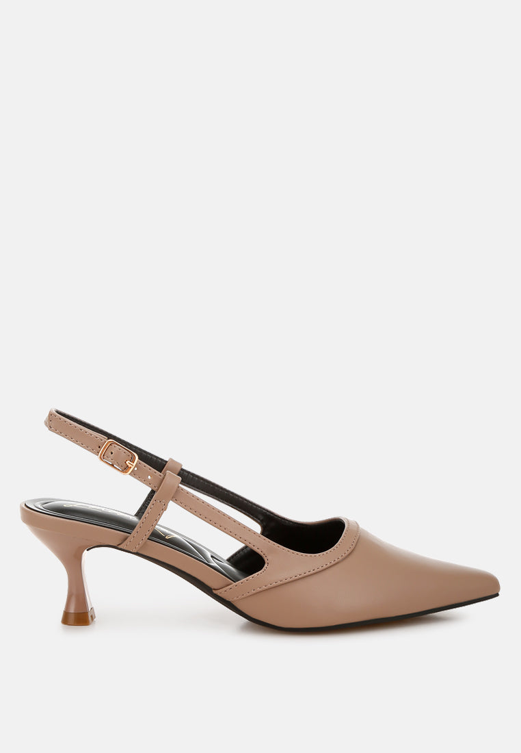 Taupe slingback kitten-heel sandals with ankle strap and pointed toe.