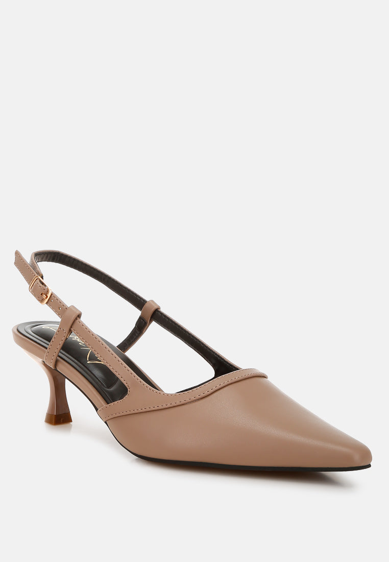 Taupe slingback sandals with T-strap, pointed toe, and kitten heel.