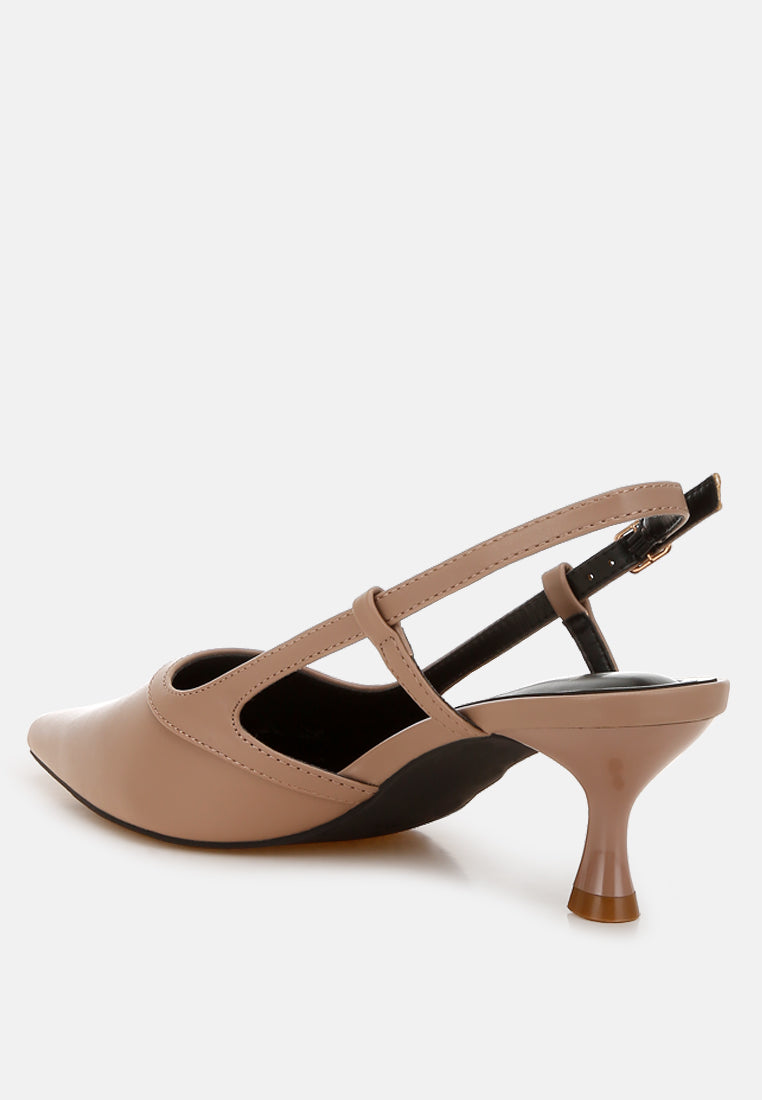 Taupe slingback sandals with open back, ankle strap, and kitten heel.