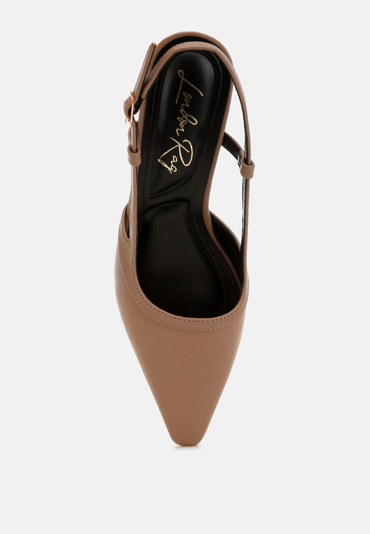 Taupe slingback sandal with logo insole, ankle strap, and pointed toe.