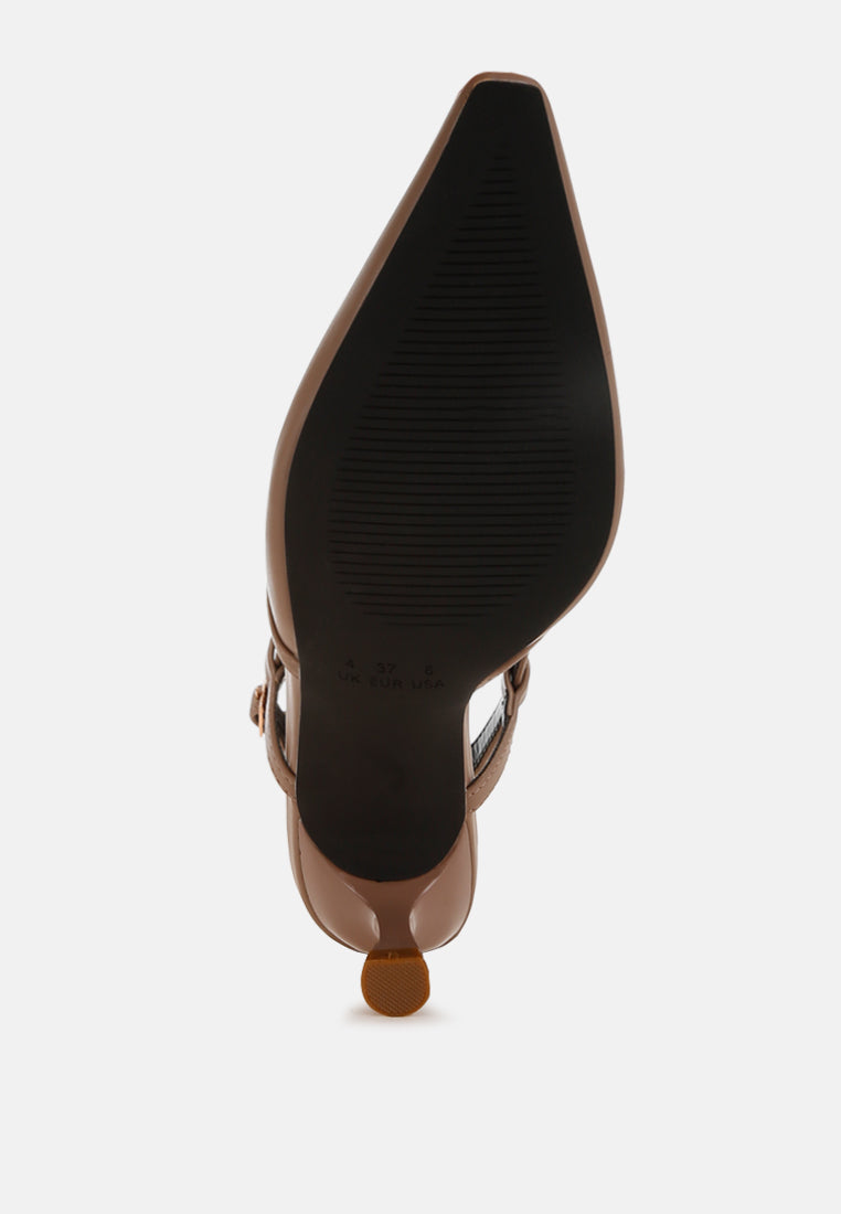 Taupe slingback kitten-heel sandal heel view with open back and ankle strap.
