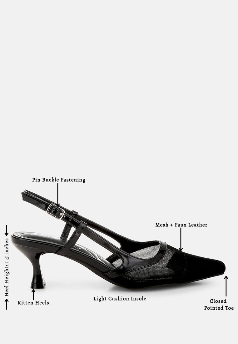 Black mesh + faux-leather slingback, closed pointed toe, light cushioned insole