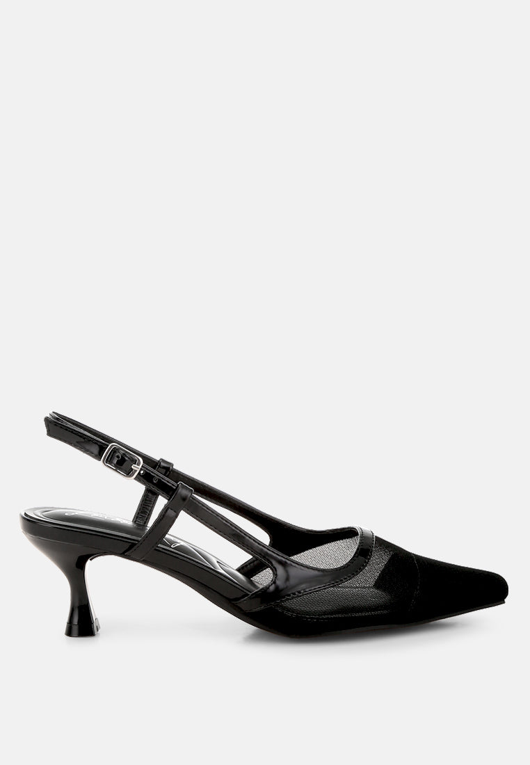 Black mesh slingback sandals with pointed toe and kitten heel, pin buckle strap