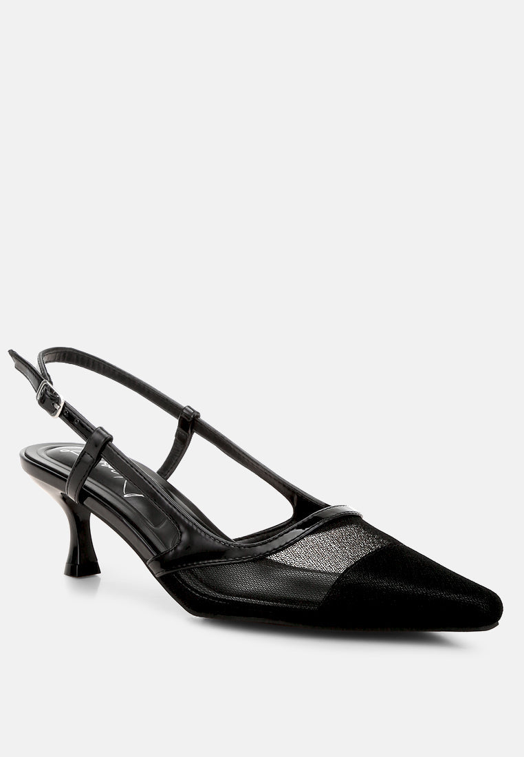 Black slingback sandal showing mesh strap and low kitten heel