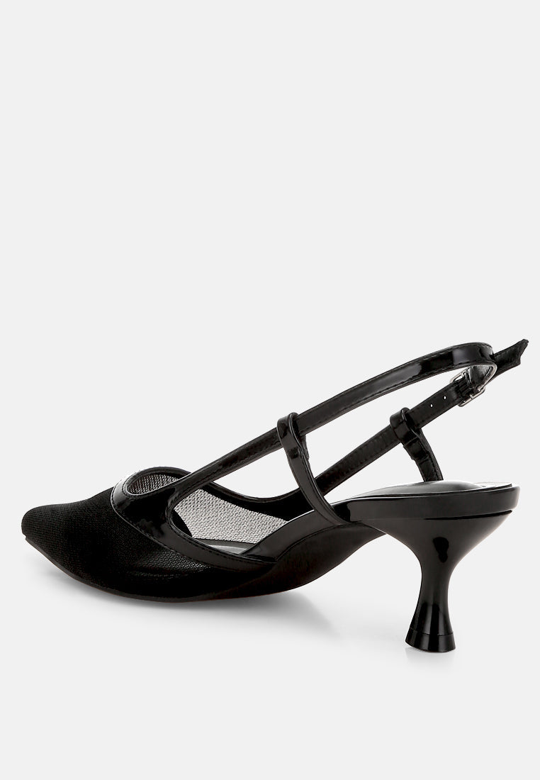 Black slingback with pointed toe, T-strap upper, and slender kitten heel