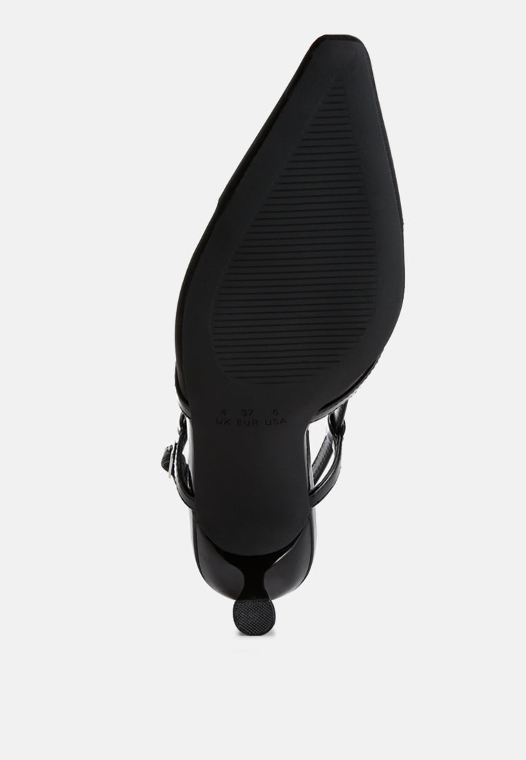 Black slingback heel view with mesh cutouts and covered kitten heel base
