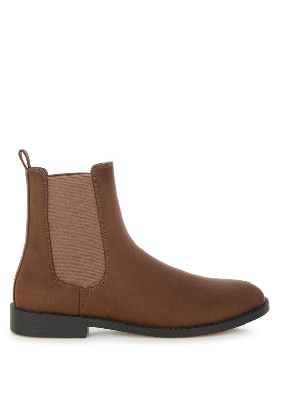 Ayasa low block heel chelsea boots in brown with pull tab and elastic panel
