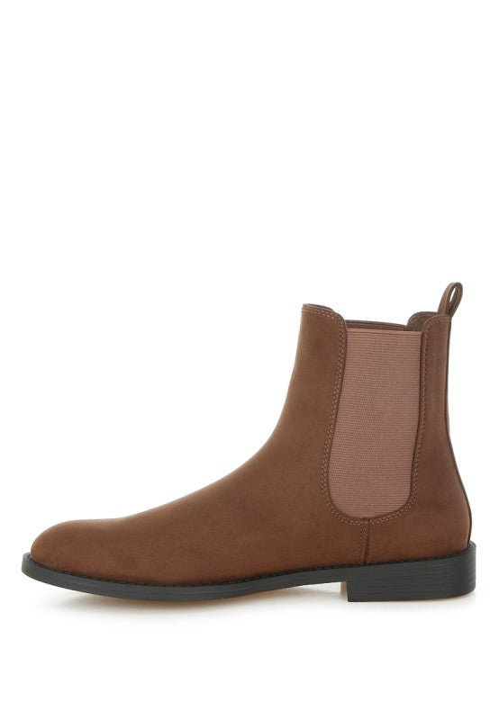 Brown chelsea boots side angle with low block heel and elastic gore