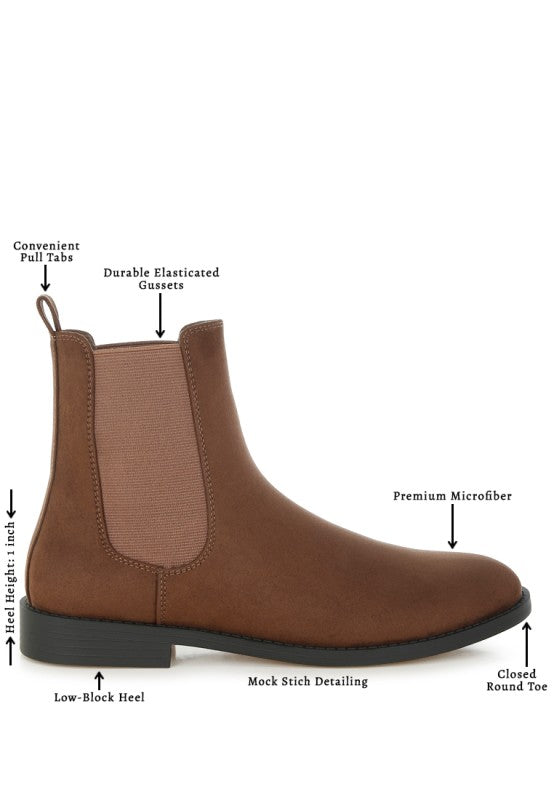 Brown Ayasa chelsea boots: round toe, low-block heel, mock stitch detail