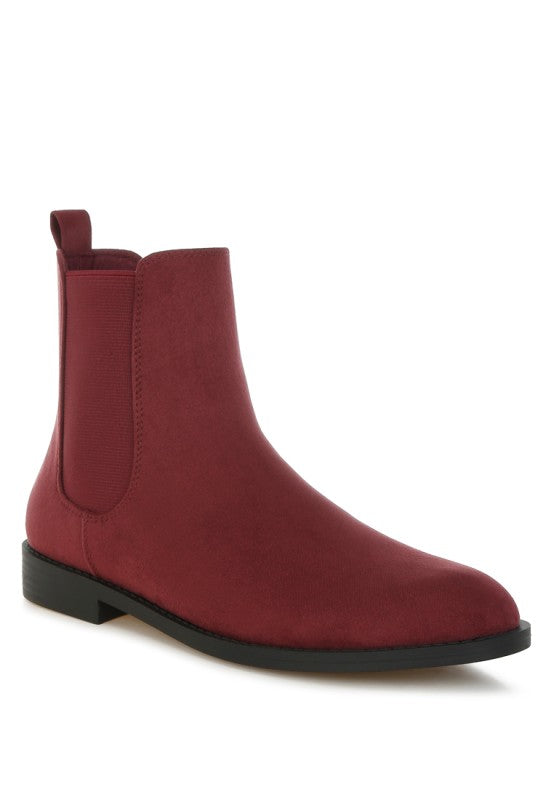 Ayasa chelsea boots in burgundy with elastic side panel and low block heel