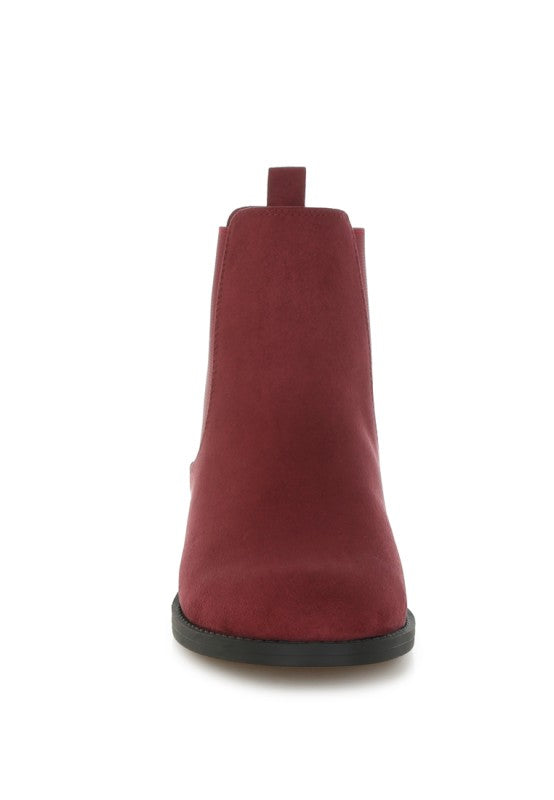 Burgundy Ayasa Chelsea boots back view with pull tab and low block heel