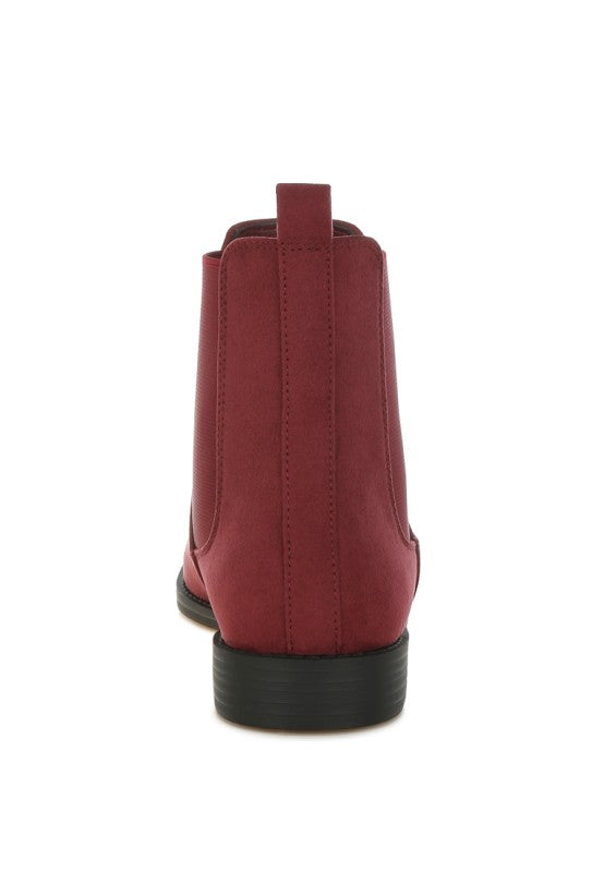Burgundy Ayasa Chelsea boots heel and topline with elastic gore panels