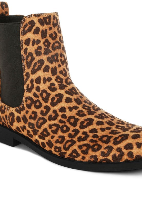 Leopard print Ayasa Chelsea boots front quarter view with low block heel