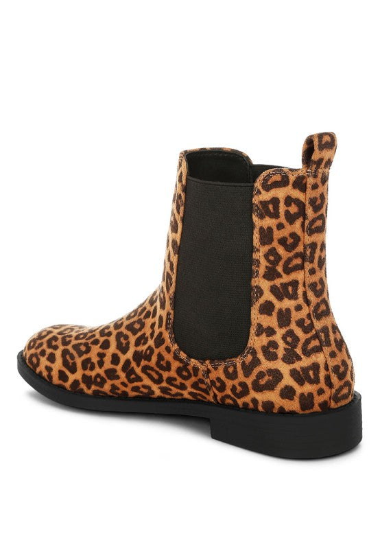 Leopard print Ayasa Chelsea boots side/back view with black elastic gore