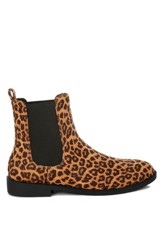 Leopard print Ayasa Chelsea boots side profile with black sole and low block heel