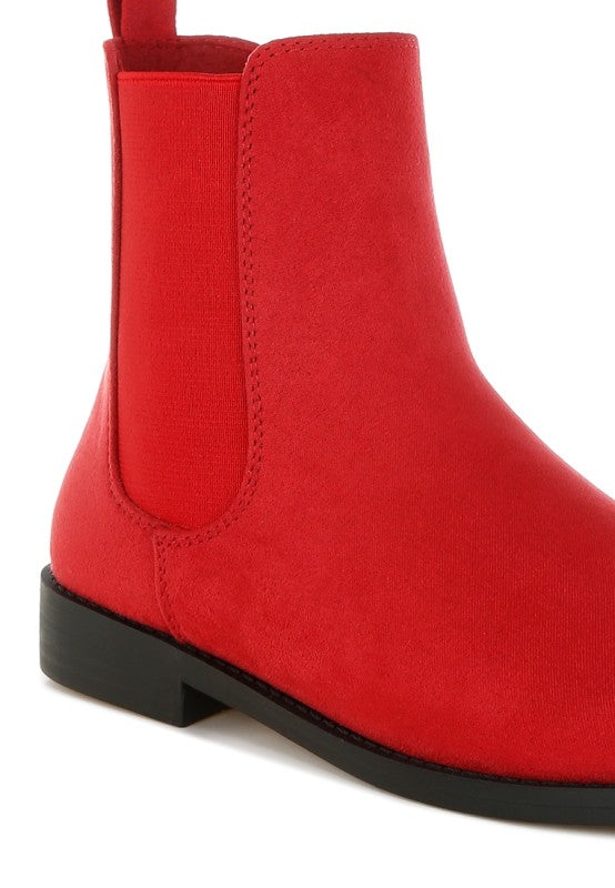 Red Ayasa Chelsea boots close-up of side elastic and low block heel