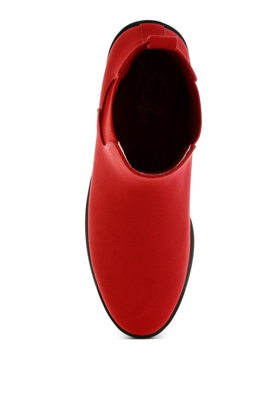 Ayasa low block heel chelsea boots, red suede look with elastic gore and open shaft
