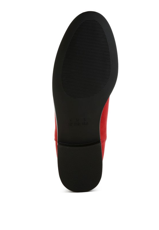Red Ayasa chelsea boots with black sole tread and low block heel view from bottom