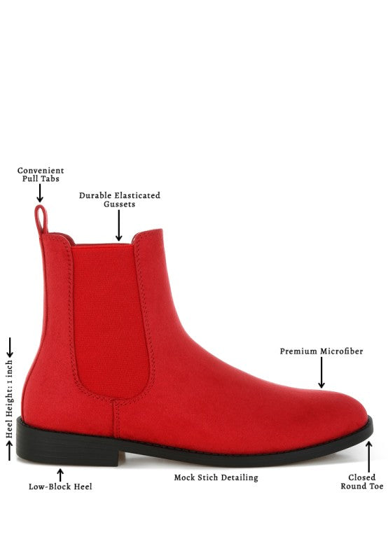 Ayasa chelsea boots in red: elastic gore, low block heel, closed round-toe, pull tabs