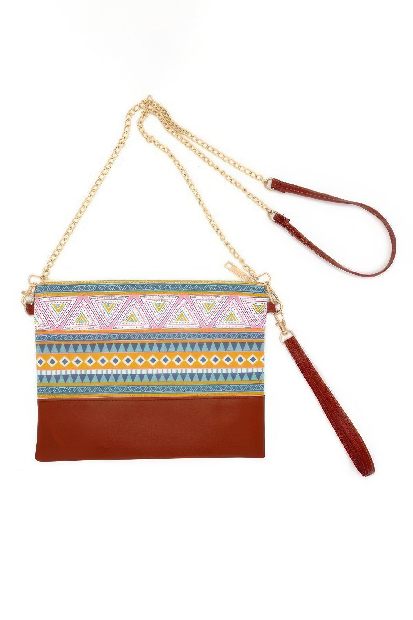Aztec crossbody & wristlet bag with multicolor geometric stripe panel and brown leather back