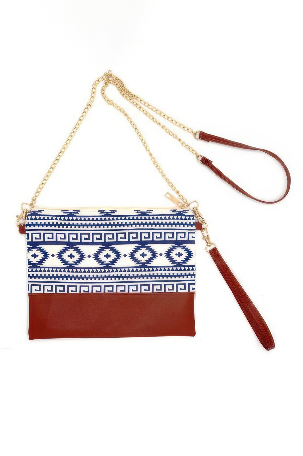 Aztec Crossbody & Wristlet bag, blue-and-white patterned front with brown trim
