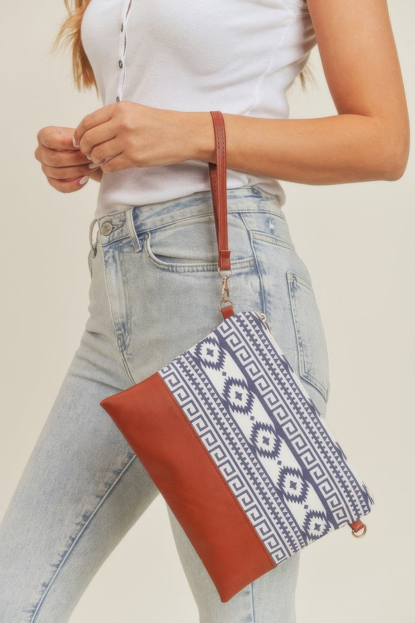 Blue Aztec crossbody/wristlet with chain strap, red wrist handle, patterned panel