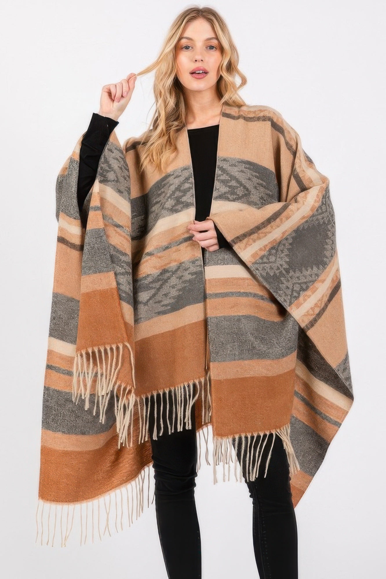 Taupe Aztec-pattern ruana with multicolor stripes and long fringe ends