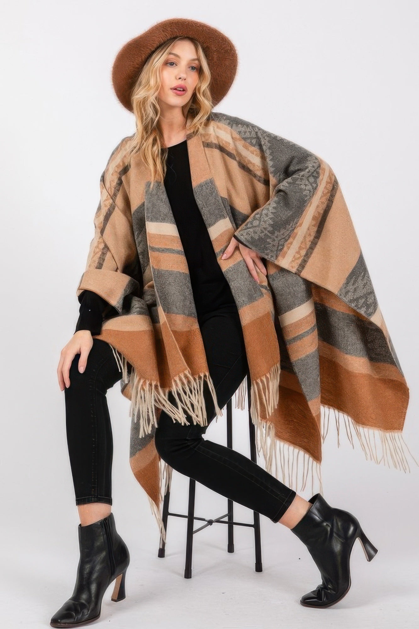 Taupe Aztec-pattern fringe ruana, open front with wide striped panels