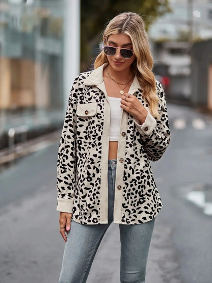Leopard Print Button-Up Contrast Shacket - Tigbul's Variety Fashion Shop