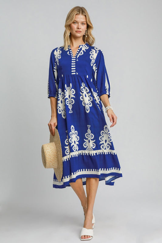 Royal Blue Printed Notched Midi Dress - Tigbul's Variety Fashion Shop