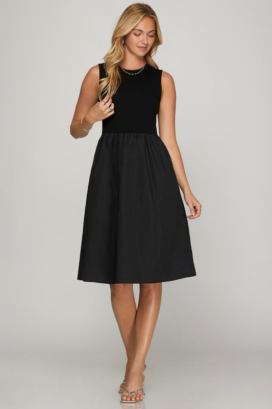 Black Sleeveless Poplin Woven Midi Dress with Pockets - Tigbul's Variety Fashion Shop