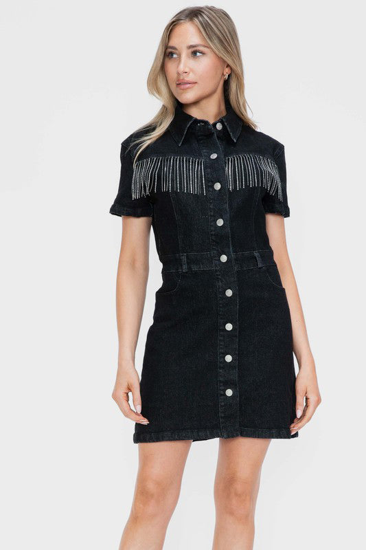 Black Embellished Button Down Short Sleeve Denim Dress - Tigbul's Variety Fashion Shop