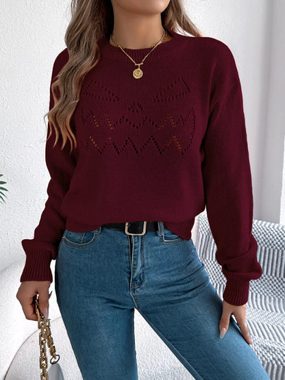Openwork Round Neck Long Sleeve Sweater - Tigbul's Variety Fashion Shop