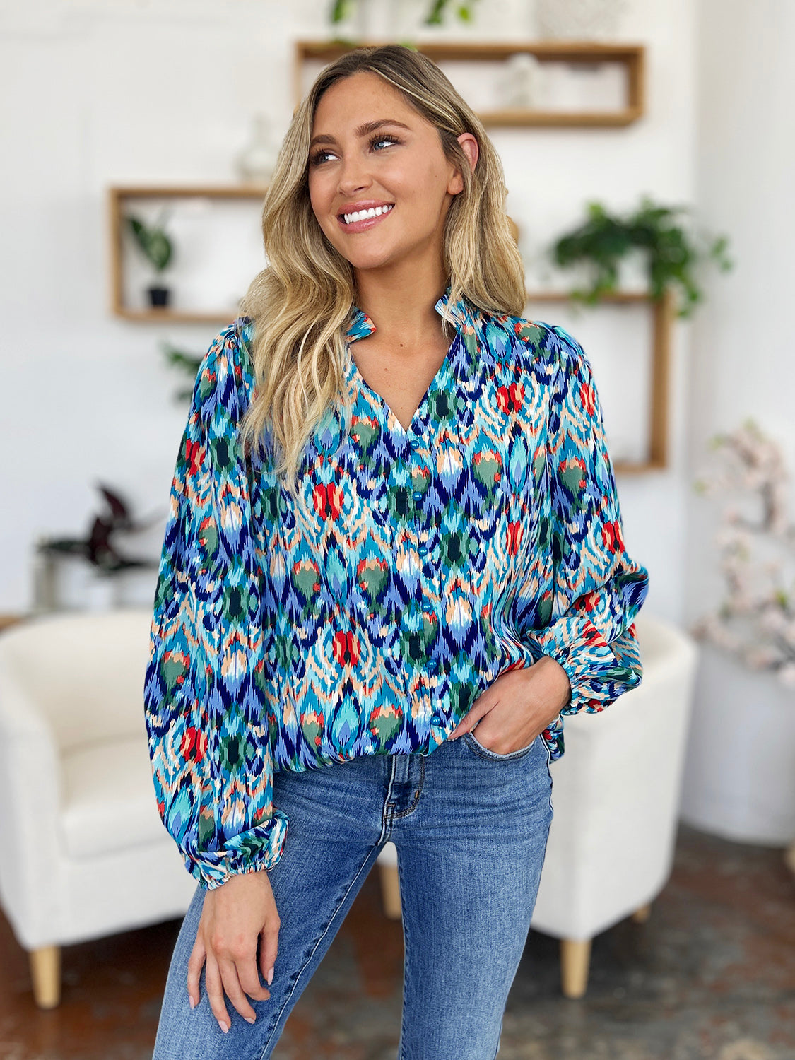 Blue Printed Balloon Sleeve Blouse Small up to 3XL - Tigbul's Variety Fashion Shop