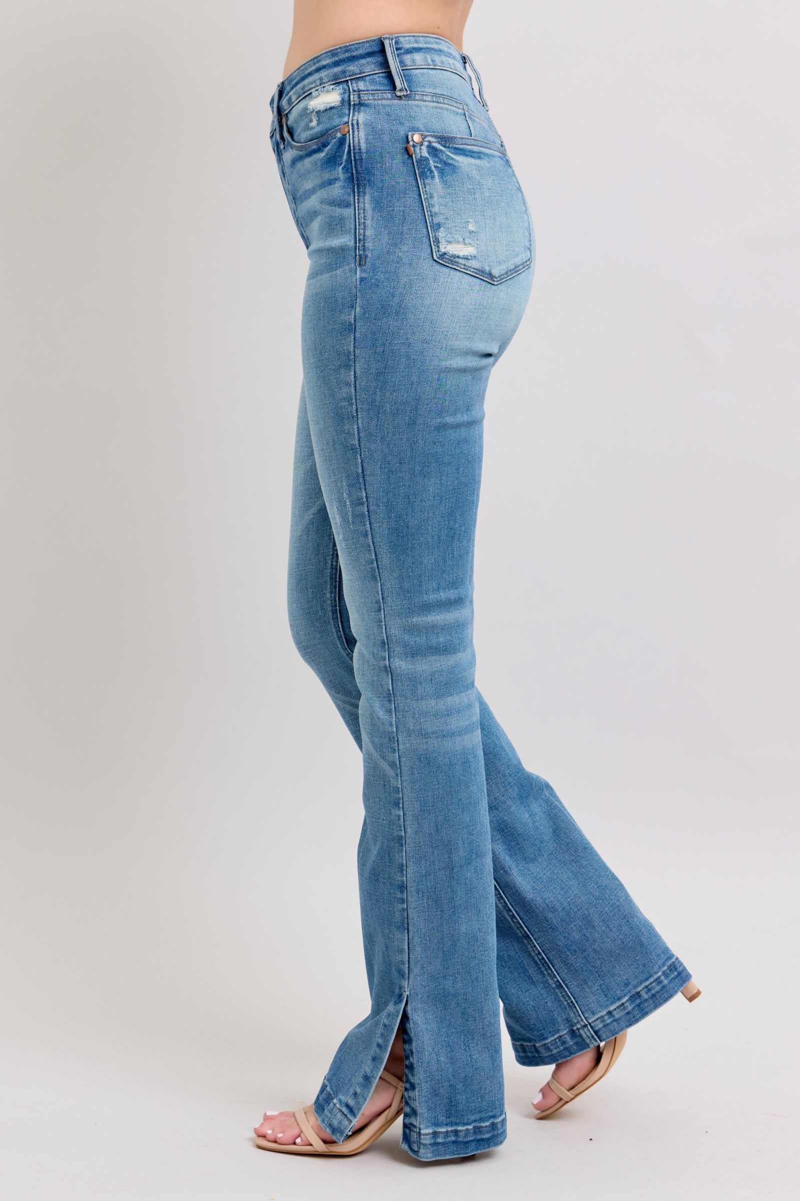 Judy Blue HW Tummy Control Vintage Wash Side Slit Slim Boot Jeans - Tigbul's Variety Fashion Shop