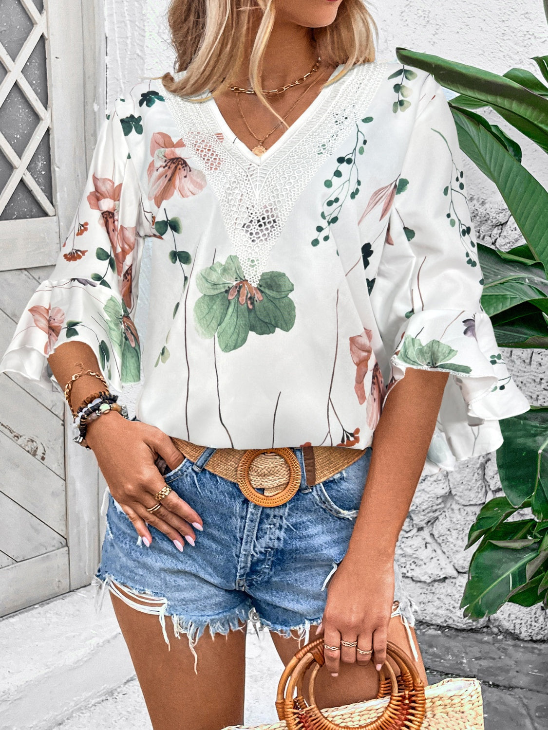 Ruffled Printed V-Neck Half Sleeve Blouse - Tigbul's Variety Fashion Shop